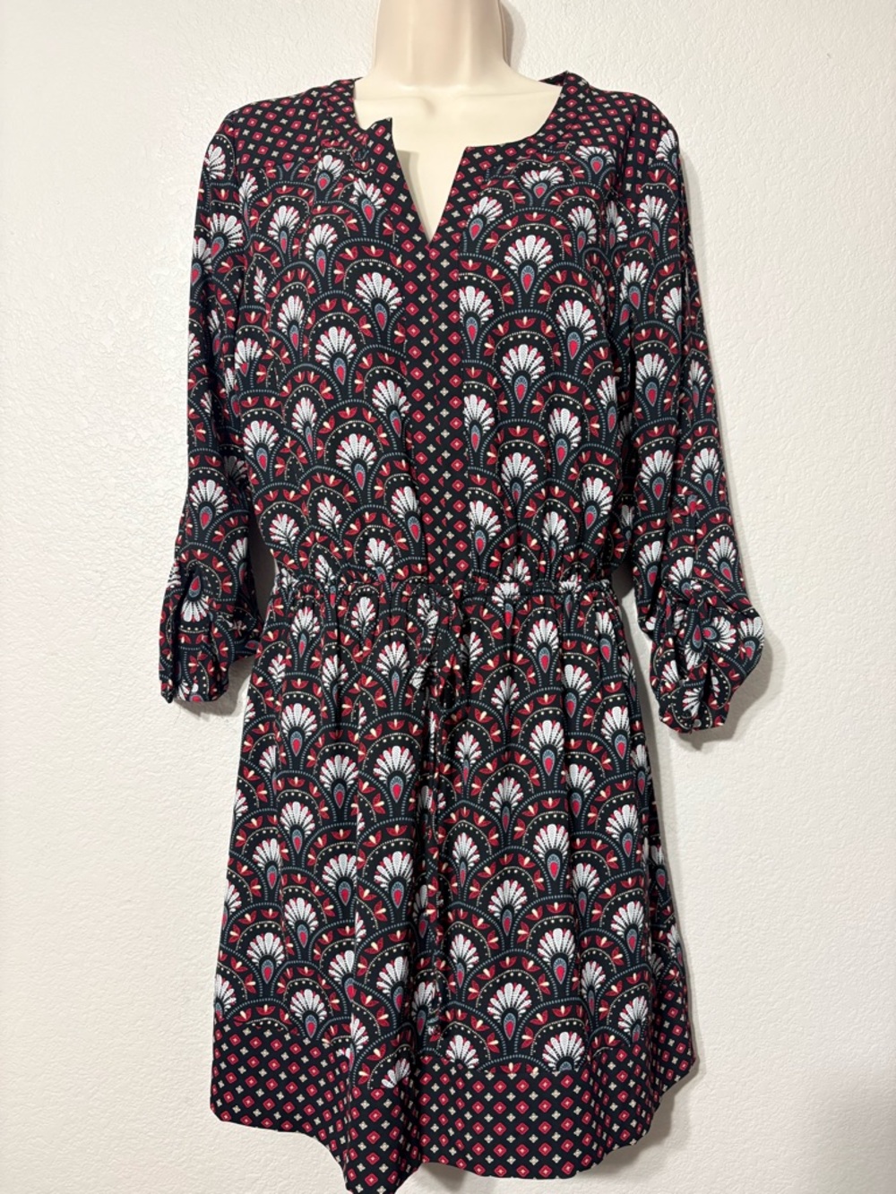 DR2 Dress Black and Red Printed Roll Tab‎ Long Sleeve Drawstring Elastic Waist S